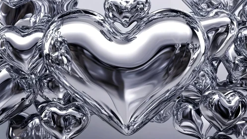 Shiny Metallic Heart Shapes Clustered in Modern Abstract Style.