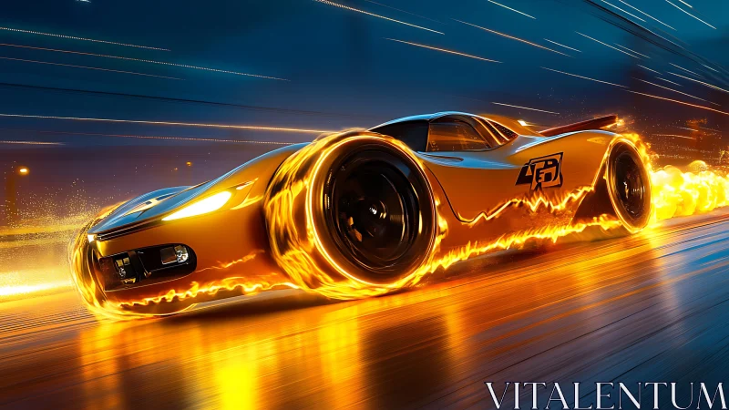 Blazing night racer streaking through neon city streets.