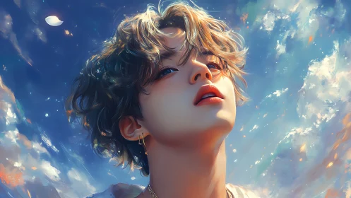 Sky-drunk dreamer tilts their gaze into painted sunlight