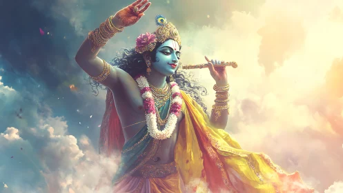 Graceful blue-skinned deity playing a golden flute.