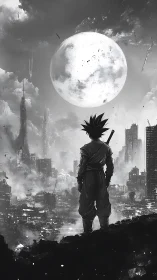 Lone moonlit warrior surveying a shattered grayscale megacity.