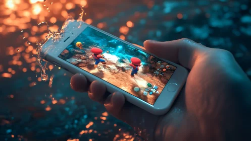Mobile gamer holds phone as water splashes in vivid light.