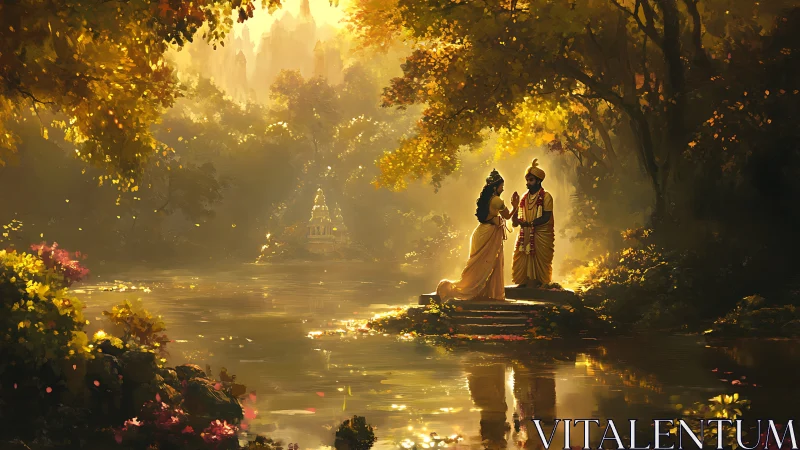 Divine couple beside river under golden forest light.