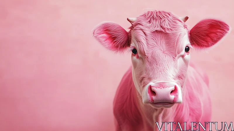 Surreal pink cow portrait on soft monochrome backdrop.