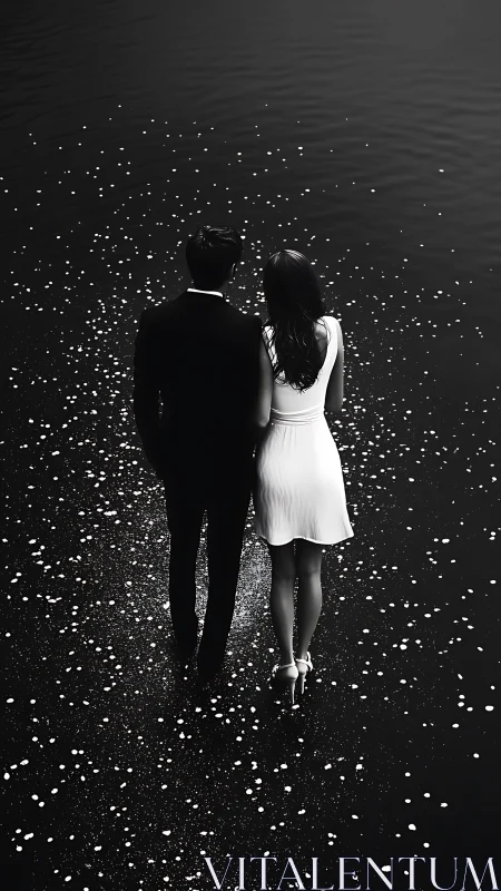 Monochromatic Couple Navigating Luminescent Particle Field Overhead.