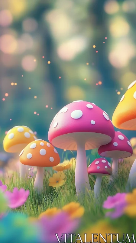 Colorful spotted mushrooms stand in soft-focus meadow