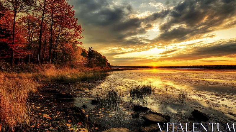 Photorealistic autumn lakeside sunset with reflective shoreline.