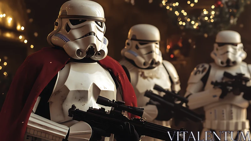Stormtrooper figures in festive interior environment.