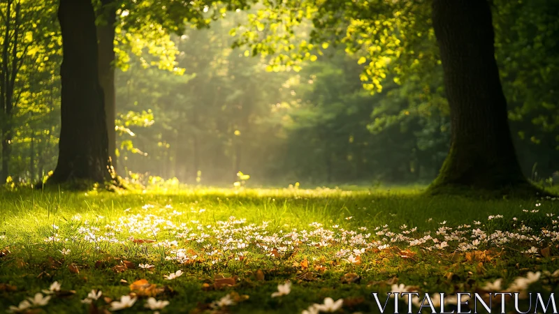 Backlit forest glade with ground-level wildflowers at sunrise