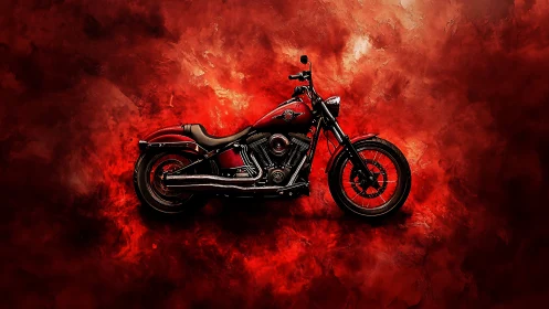 High-contrast red cruiser motorcycle isolated on textured crimson field