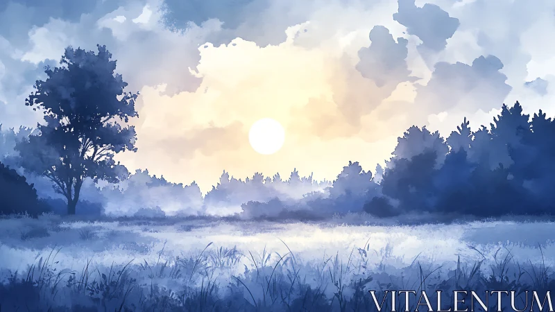 Soft morning sun gently brightens a misty blue forest meadow