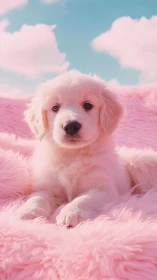 Pastel portrait of white puppy on pink faux fur ground.