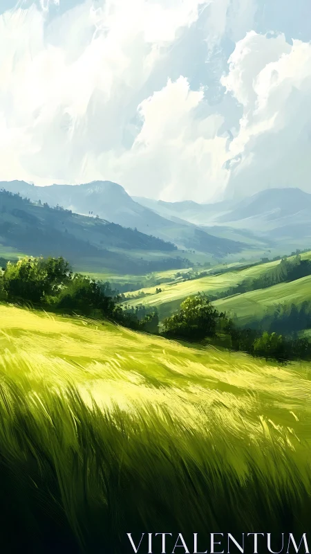 Layered sunlit hills rendered with dynamic brushstroke lighting