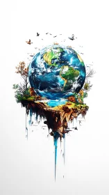 Digital painting of suspended Earth island with ecological contrast.
