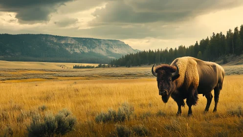 Solitary bison standing in golden prairie under clouds.