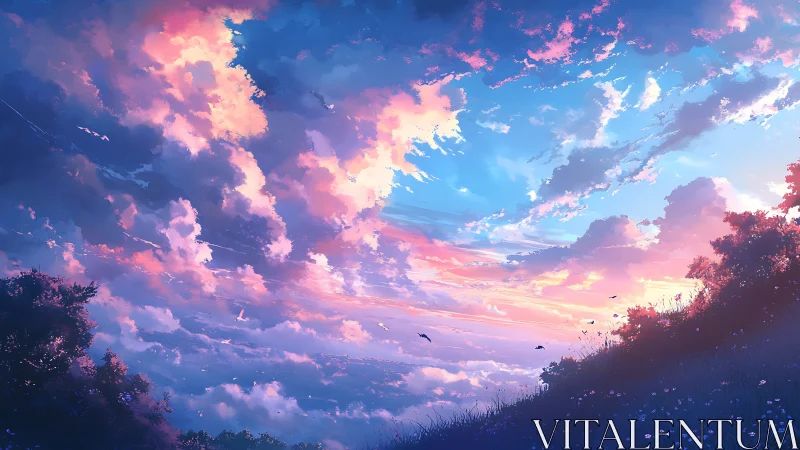 Vast sunset sky ignites hillside meadow with neon clouds.