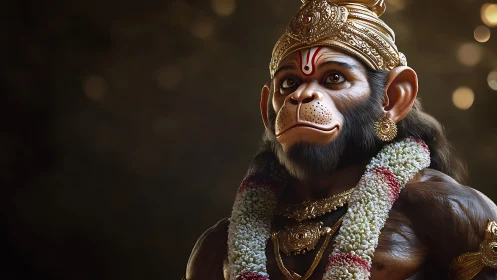 Regal monkey deity in golden crown and solemn divine glow.