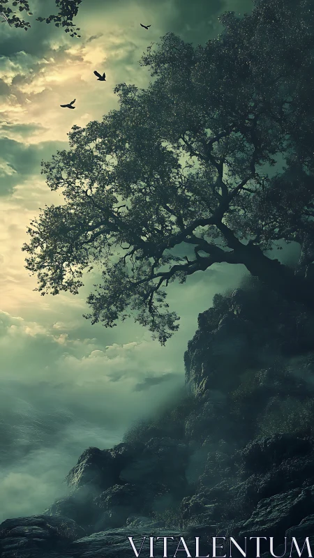 Noctilucent cliffside canopy with atmospheric depth cues.