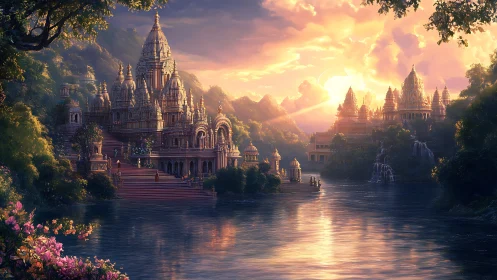 Riverside temple complex under layered sunset clouds.