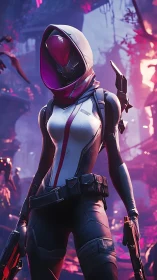 Hooded sci fi guardian stands bold in glowing neon forest.