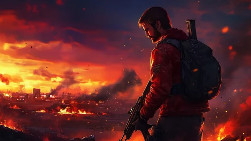 Sunset survivor watching quiet embers over a ruined city.