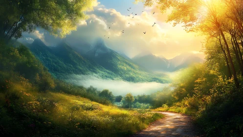 Sunlit forest path opening toward misty green mountains.
