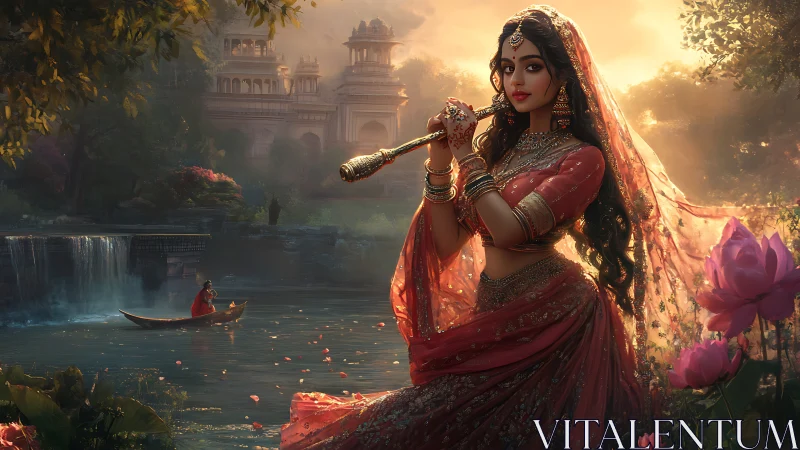 Sunlit veena muse in ornate saree beside lotus river palace