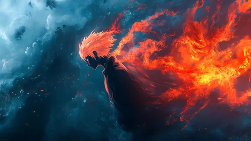 Fiery anime figure strides through swirling storm clouds.