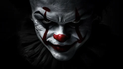 Sinister clown portrait emerges from shadowy darkness