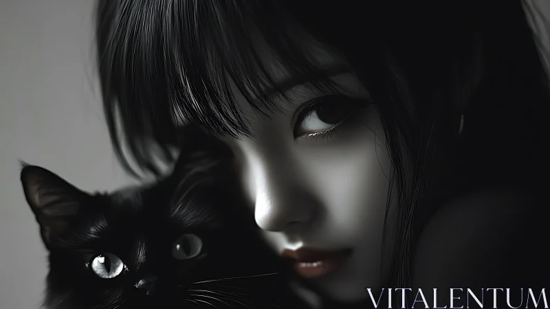 Dark-haired girl and black cat share an intense gaze.