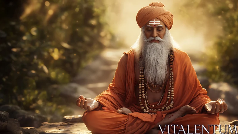 Elderly sage meditates in golden forest serenity at dawn.