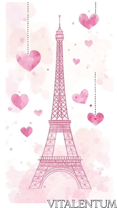 Romantic reverie cascades around Eiffel Tower amidst floating pink hearts.