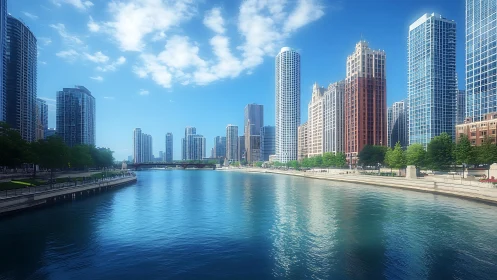 Riverside skyscrapers rise under a clear blue summer sky