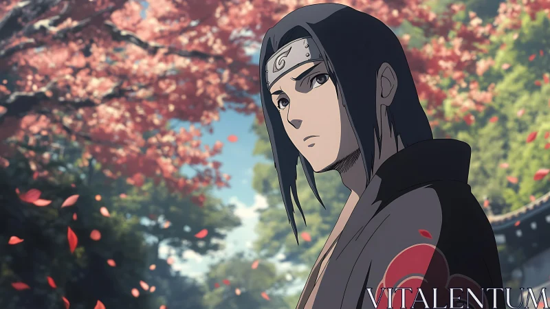 Quiet warrior beneath drifting cherry blossoms at dusk.