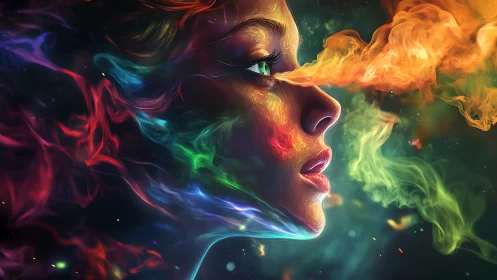 Nebula-eyed dreamer breathing prismatic cosmic firestorm.
