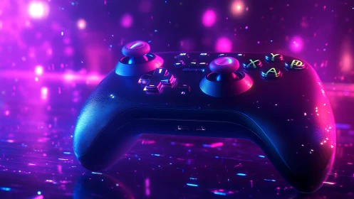 Neon gaming controller submerged in luminescent particle field