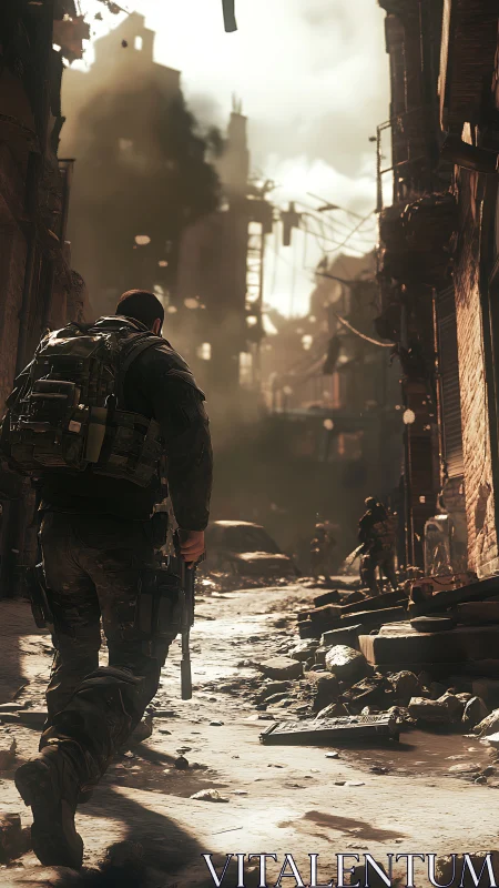 Tactical infantry advance through high-dynamic-range war ruin.