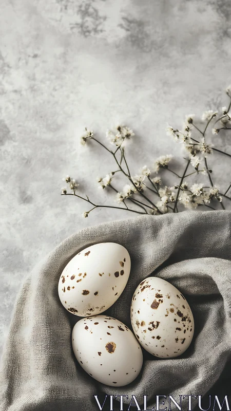 Speckled eggs on fabric with small white flowers.