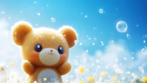 Furry toy bear figure in bright outdoor bubble field scene.