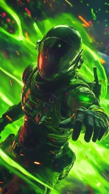 Neon space soldier charges through swirling green energy storm