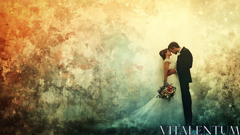 Bride and groom embrace tenderly amid dreamy abstract light