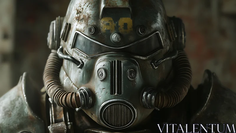 Front view of weathered armored power suit helmet model.