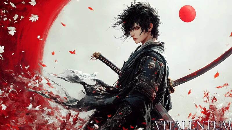 Samurai figure stands before abstract red circular field