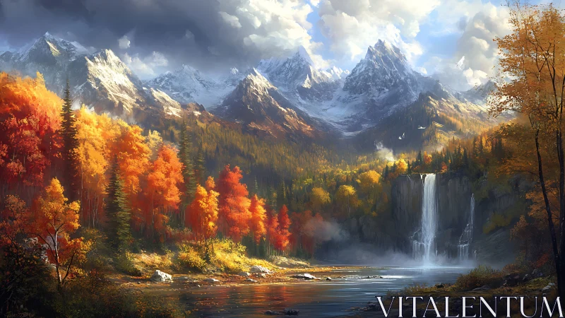 Golden autumn valley with misty waterfall and calm river.