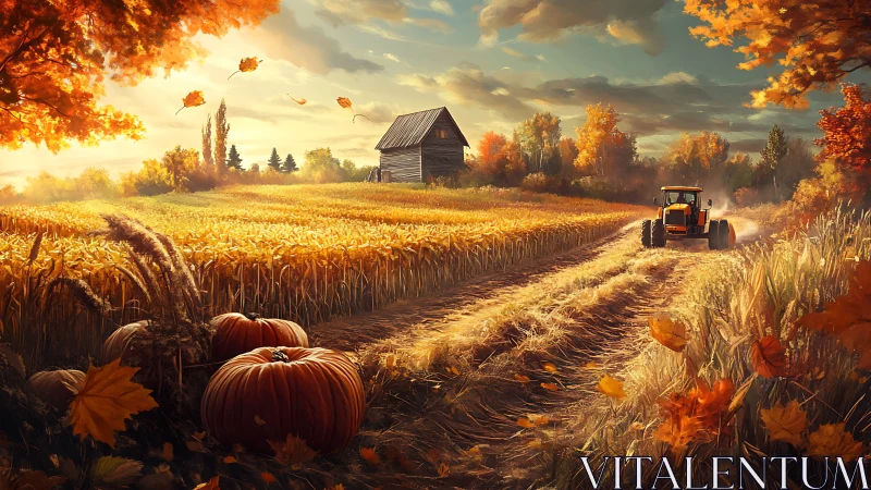 Golden tractor hums through a pumpkin-guarded autumn lane