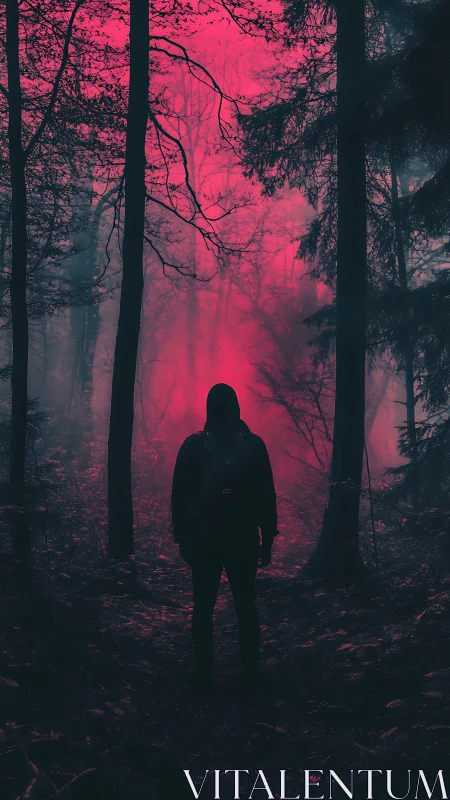 Silhouetted wanderer pauses where neon fog devours the forest