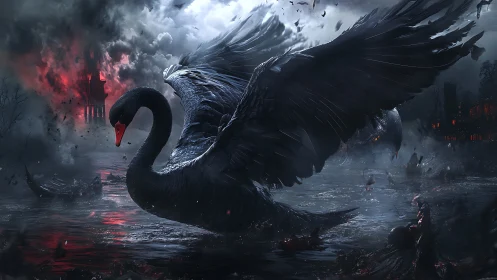 Black swan spreads wings over fiery storm-torn waters.