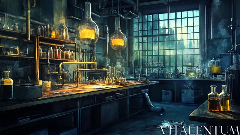 Alchemist&rsquo;s dusk lab aglow with floating glass crucibles.