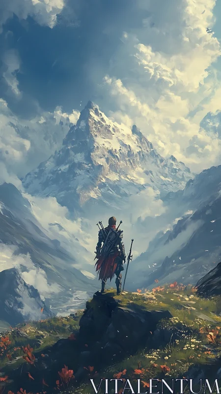 Lone adventurer gazes toward a sunlit, towering mountain peak