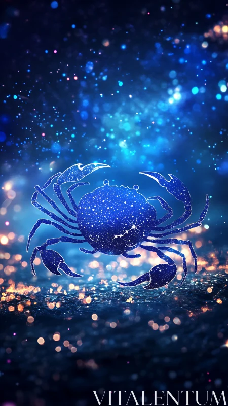 Star-filled crab silhouette floats in glowing blue bokeh field